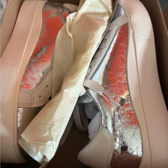 NWOT.  Dolce Vita Silver and White Sneakers with Metallic Toe Cap - Picture 7 of 9